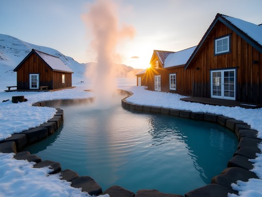 Historic Secret Lagoon geothermal pool with traditional Icelandic architecture in winter snow