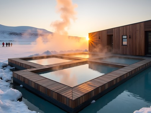 Geometric floating geothermal pools at Vök Baths extending into frozen lake at sunset