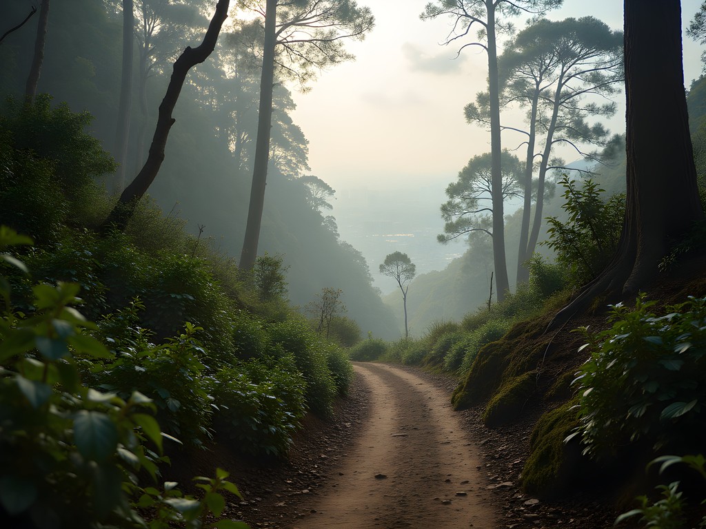 Early morning hiking trail at Quebrada La Vieja with misty forest and city views
