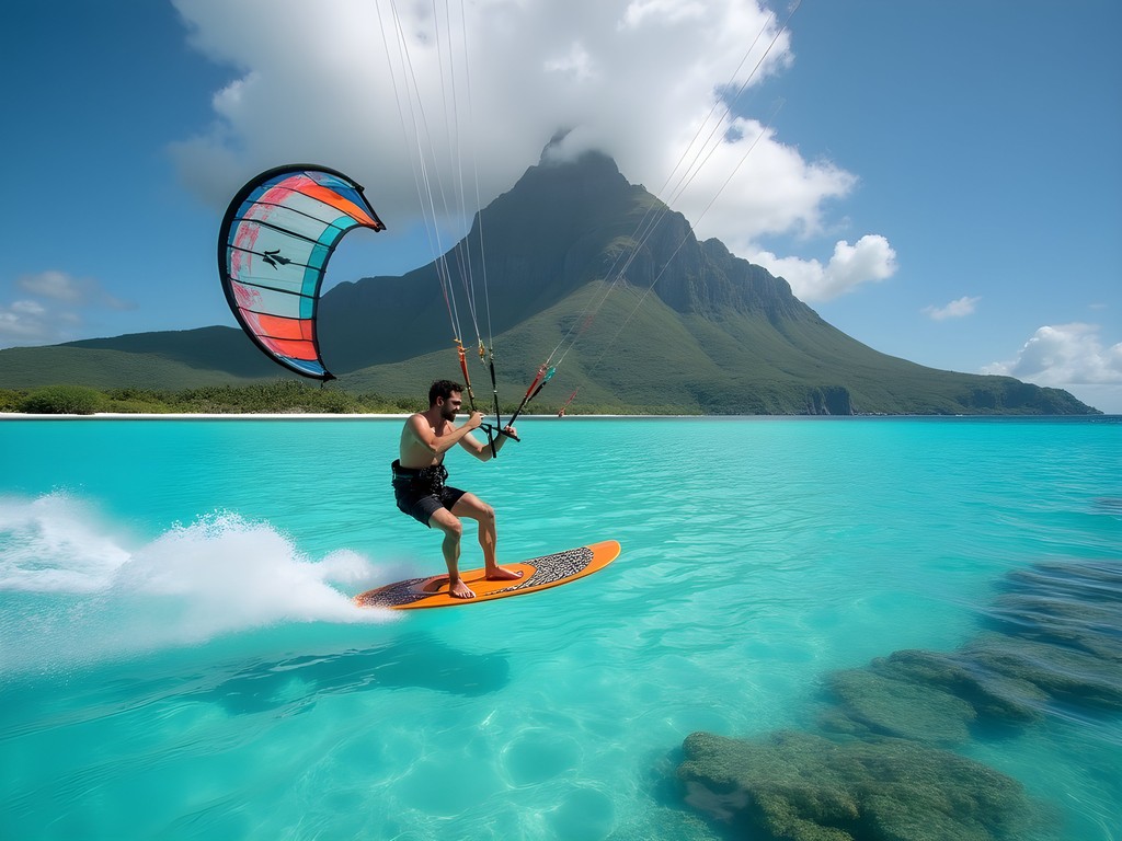 Kite foiler gliding above turquoise waters with Mount Otemanu backdrop in Bora Bora