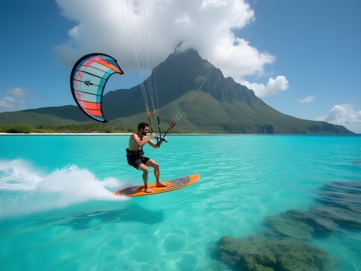 Kite foiler gliding above turquoise waters with Mount Otemanu backdrop in Bora Bora