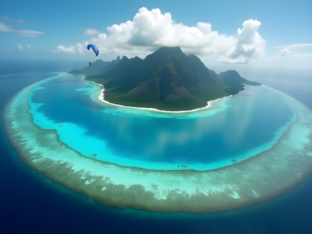 Aerial view from parasail showing Bora Bora's volcanic caldera and concentric reef patterns
