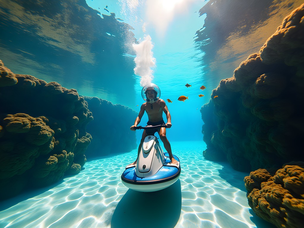 Underwater scooter exploration through vibrant coral gardens in Bora Bora