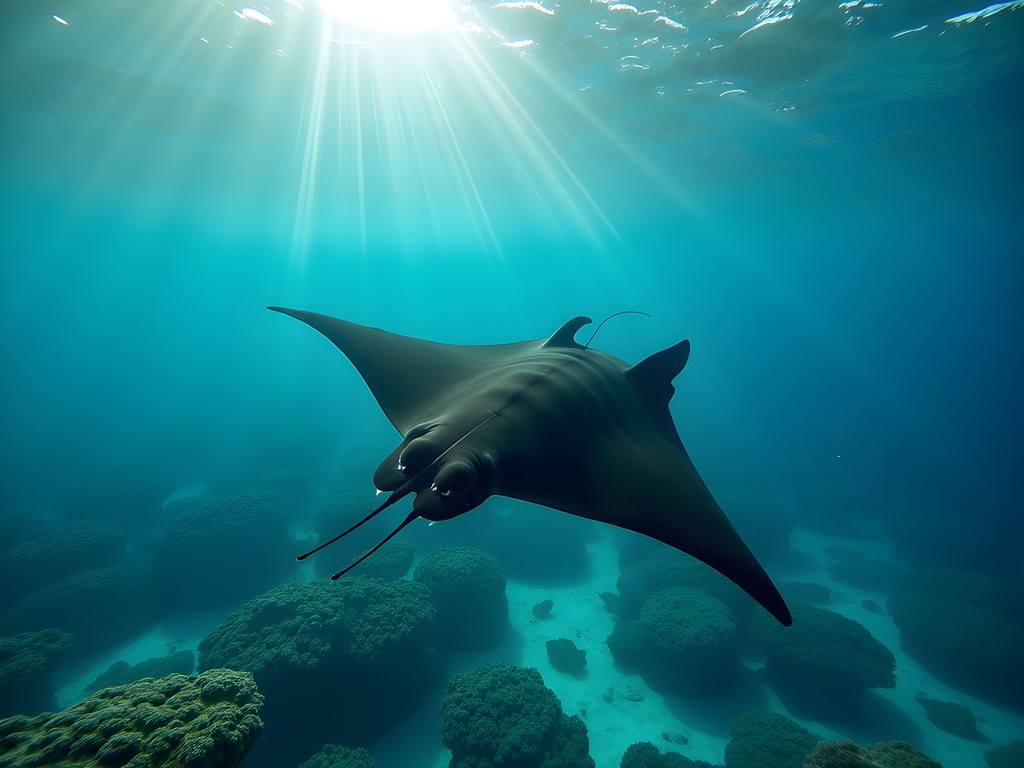 Woman snorkeling with giant manta ray in clear turquoise waters of Bora Bora lagoon
