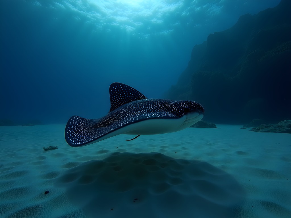 Electric ray illuminated by underwater lights during twilight lagoon safari in Bora Bora