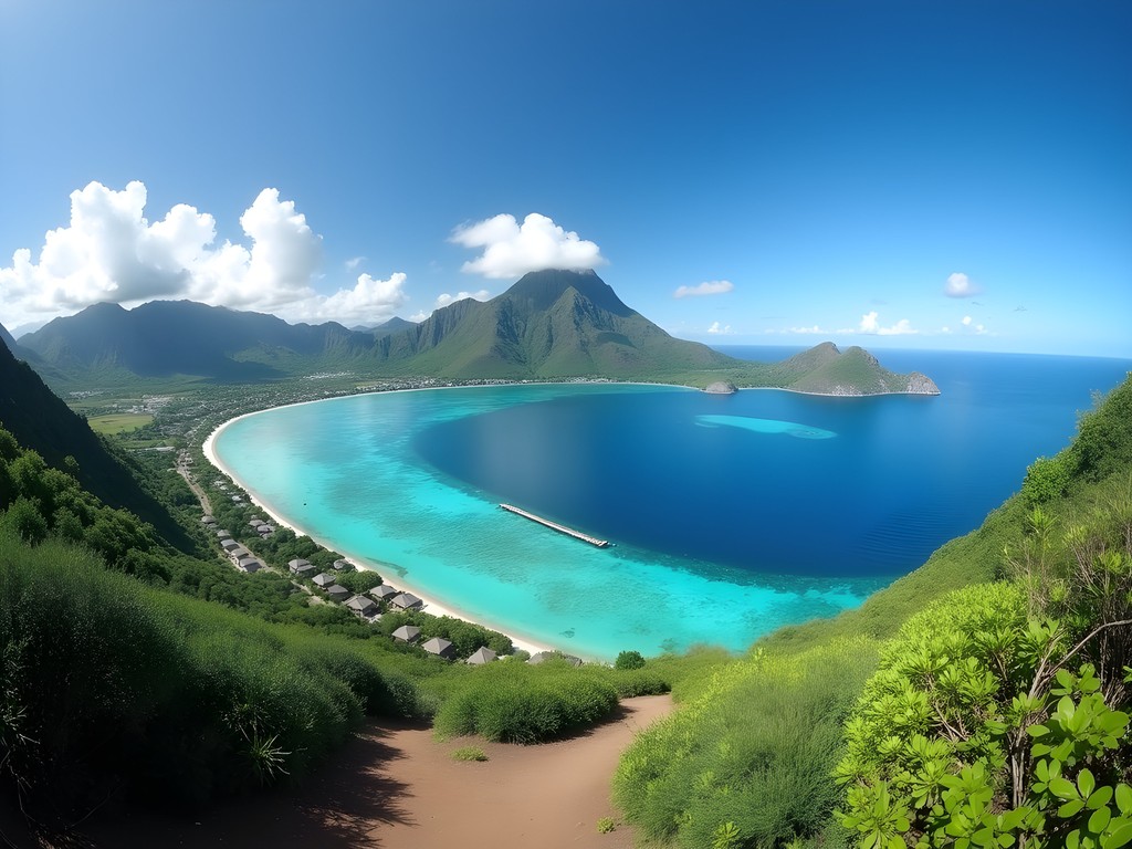 Panoramic view of Bora Bora lagoon and overwater bungalows from Mount Pahia hiking trail