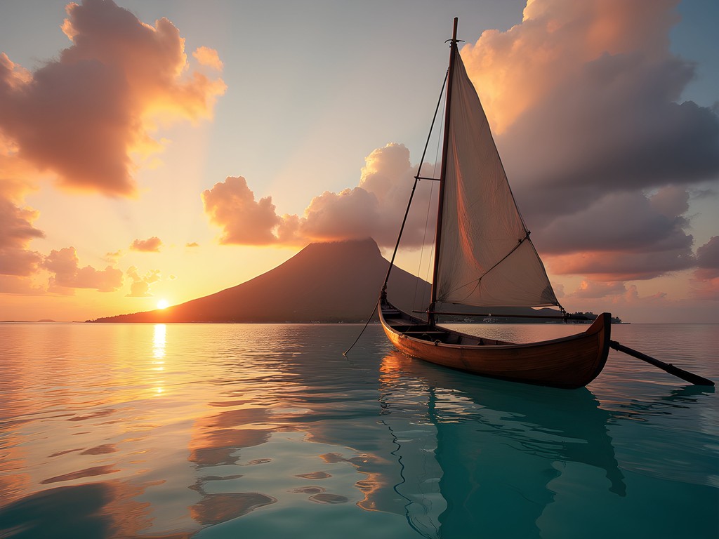 Traditional Polynesian outrigger canoe sailing on Bora Bora lagoon at sunset with Mount Otemanu in background