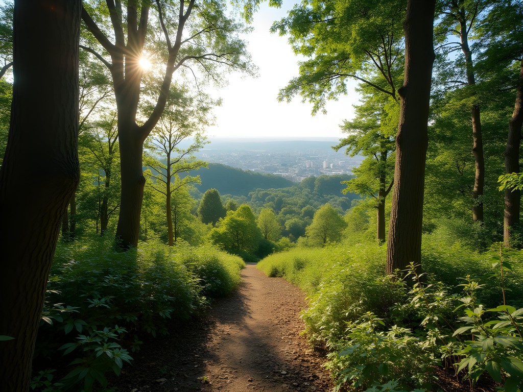 Scenic hiking trail through Buda Hills forest with Budapest cityscape visible through trees