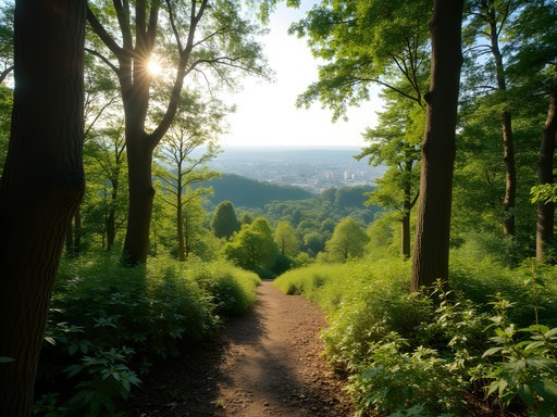 Scenic hiking trail through Buda Hills forest with Budapest cityscape visible through trees