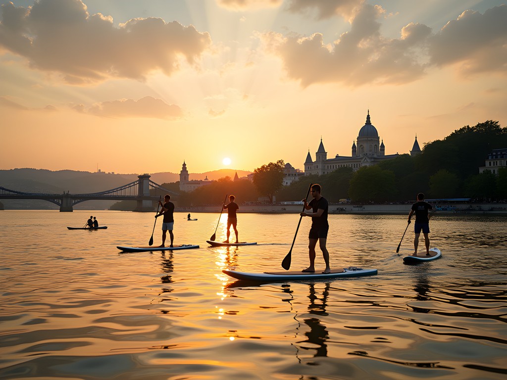 Stand-up paddleboarders on Lágymányosi Bay with Budapest skyline and Rákóczi Bridge in background at sunset