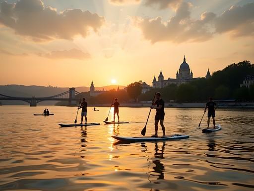 Stand-up paddleboarders on Lágymányosi Bay with Budapest skyline and Rákóczi Bridge in background at sunset