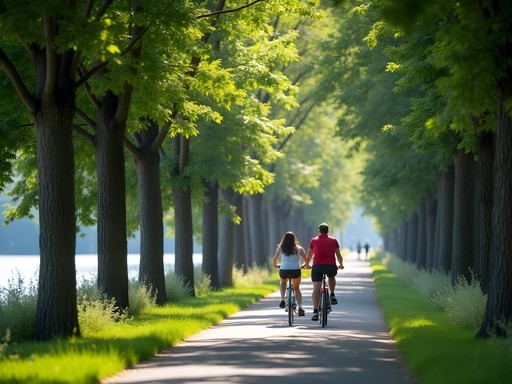 Couple cycling through tree-lined path on Margaret Island with Danube River glimpses