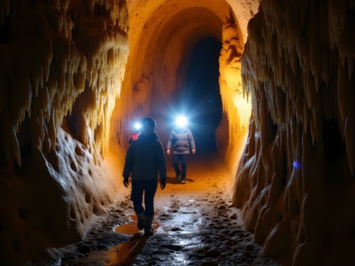 Adventure caving tour in Budapest's Pálvölgyi Cave with helmeted explorers navigating narrow passages