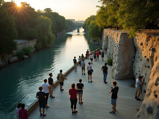 Urban bouldering area at Római Part with climbers on natural rock formations beside Danube River