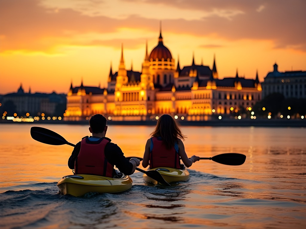 Couple kayaking on the Danube River at sunset with Budapest Parliament building illuminated in the background