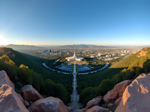 Panoramic view of Canberra from Mount Ainslie summit showing Parliament House and Lake Burley Griffin