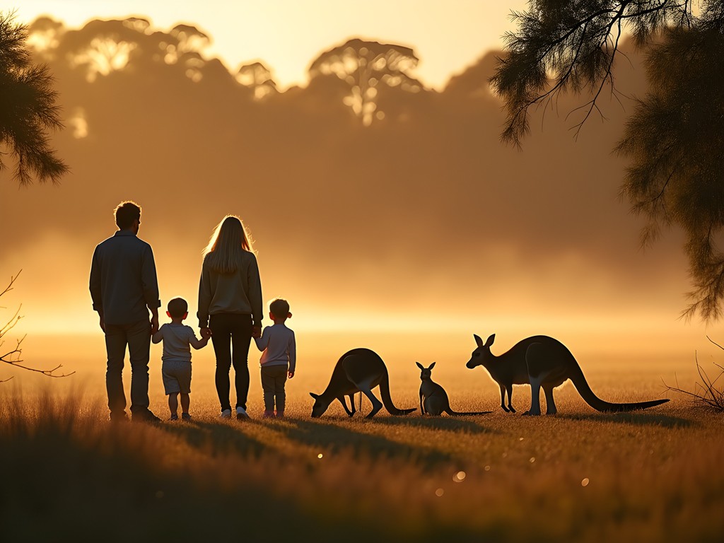 Family watching eastern grey kangaroos grazing at Tidbinbilla Nature Reserve near Canberra