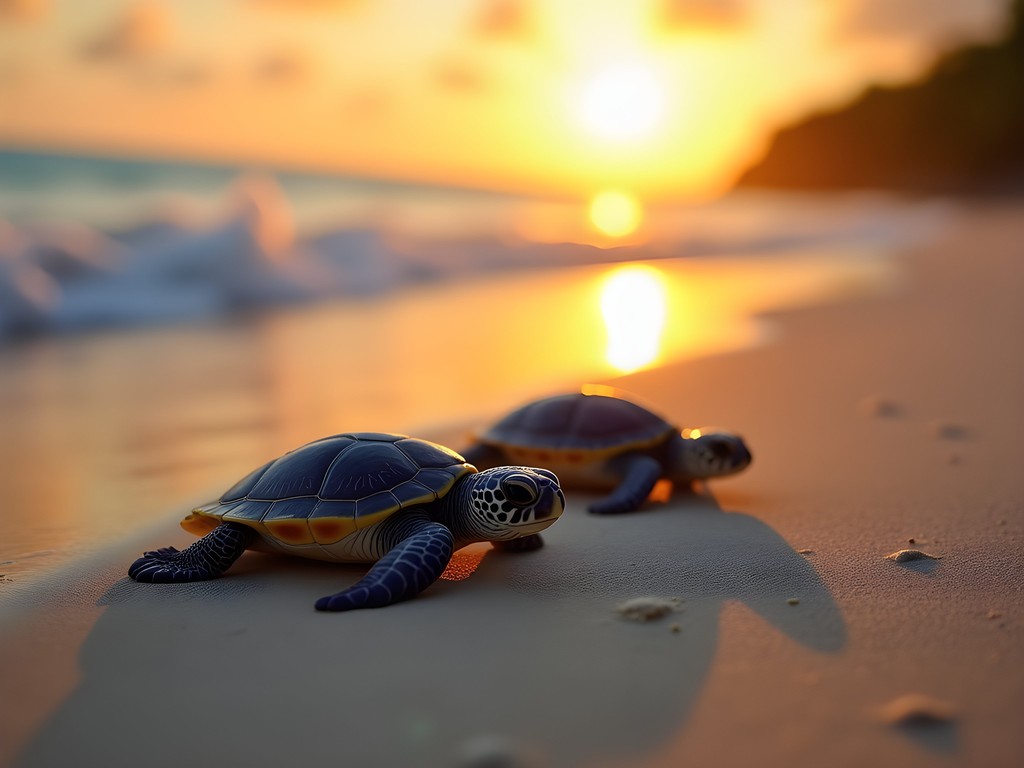 Baby sea turtle hatchlings making their way to the ocean at sunset in Riviera Maya