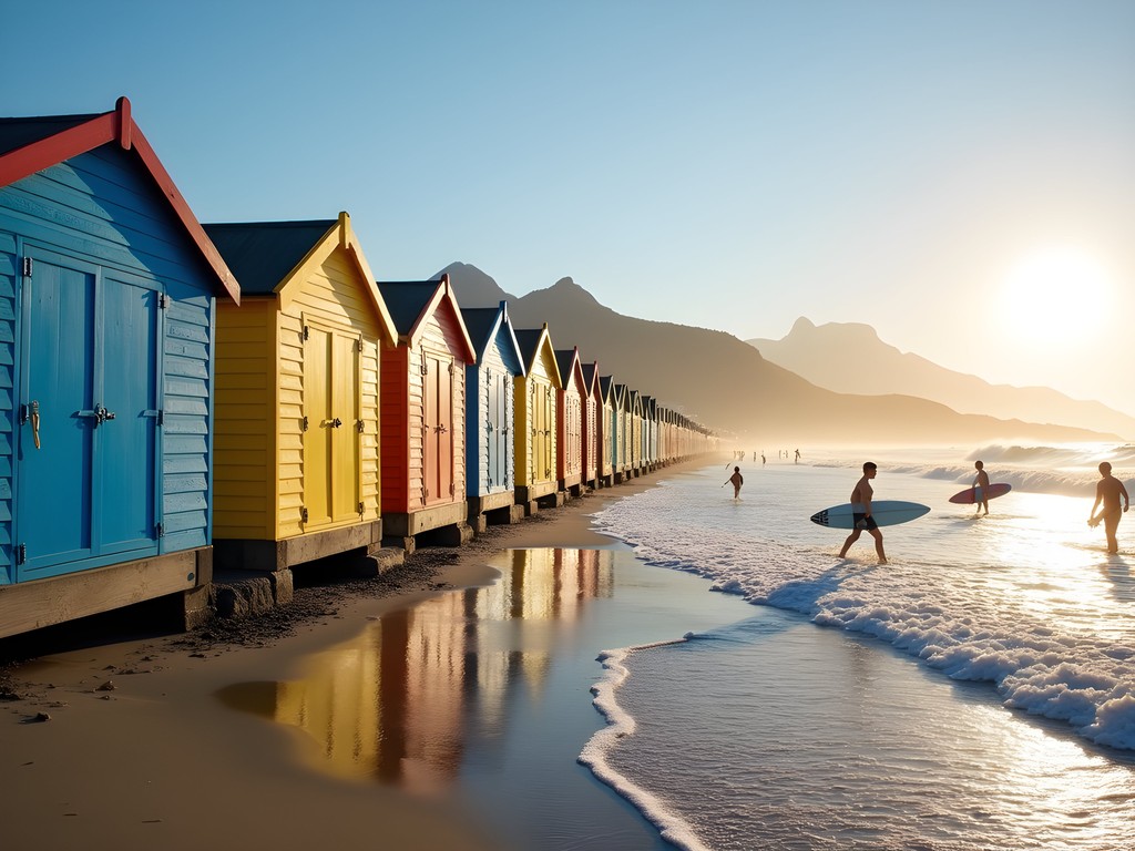 Colorful beach huts at Muizenberg Beach with surfers in the water, Cape Town