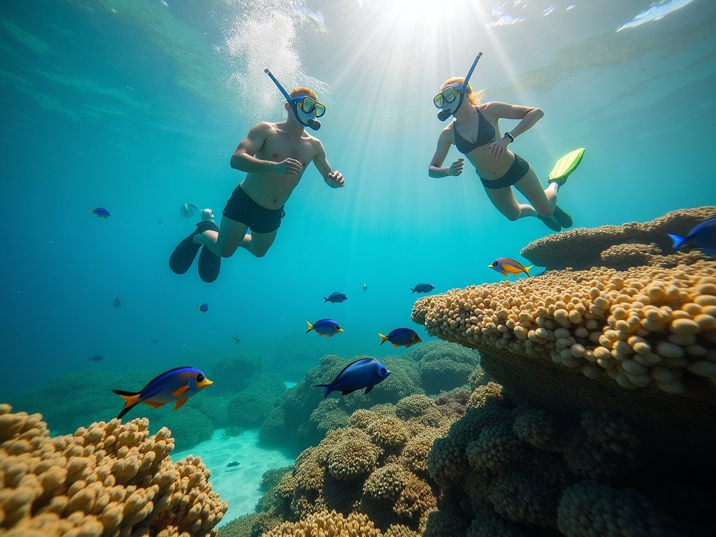 Family snorkeling at Coki Beach reef with colorful fish