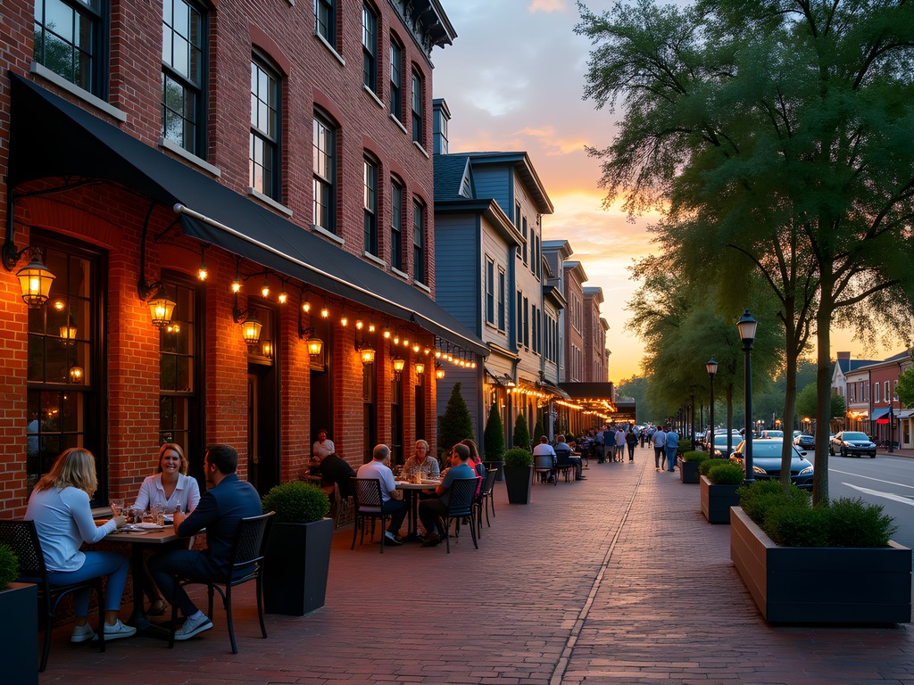 Chesapeake's revitalized historic district with outdoor dining and preserved architecture at sunset