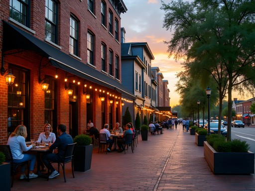 Chesapeake's revitalized historic district with outdoor dining and preserved architecture at sunset