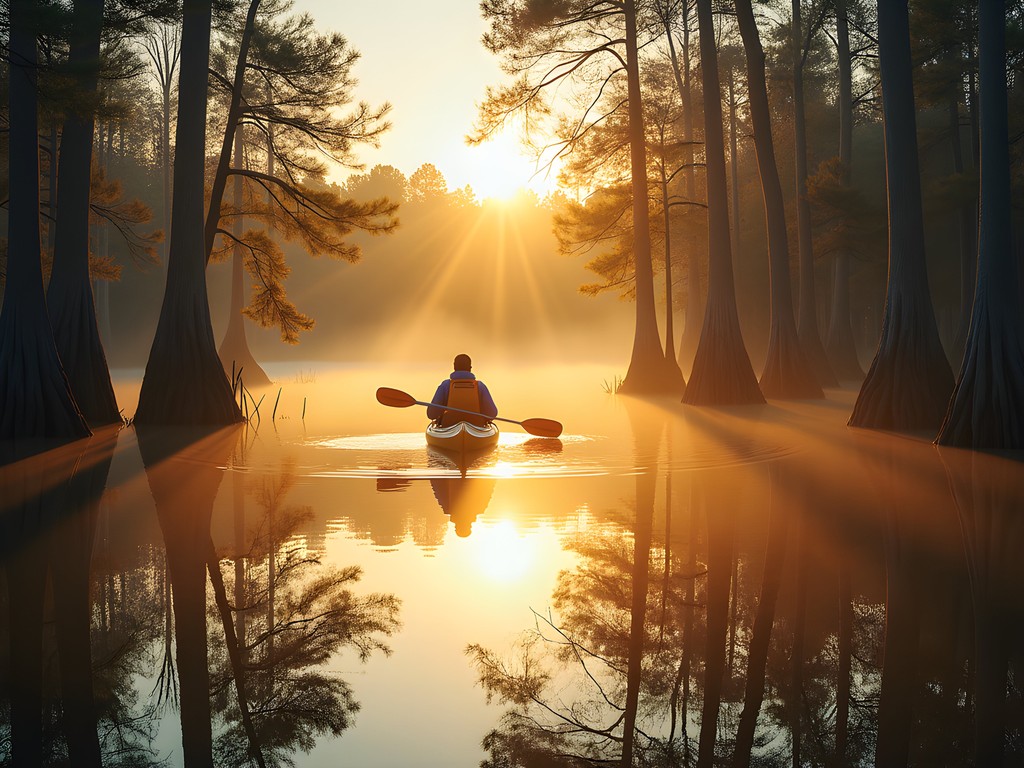Kayaker on Lake Drummond surrounded by ancient cypress trees with perfect reflections