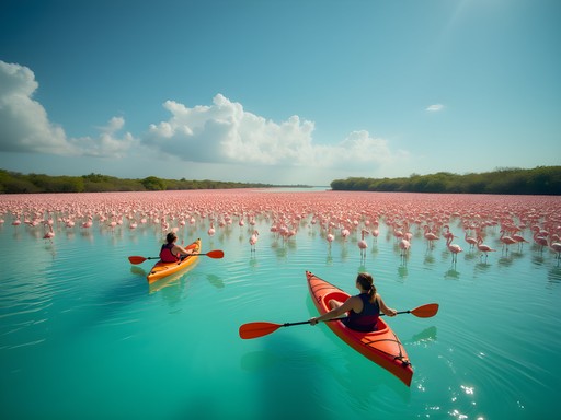 Thousands of pink flamingos in shallow waters of Ria Lagartos with kayakers in foreground