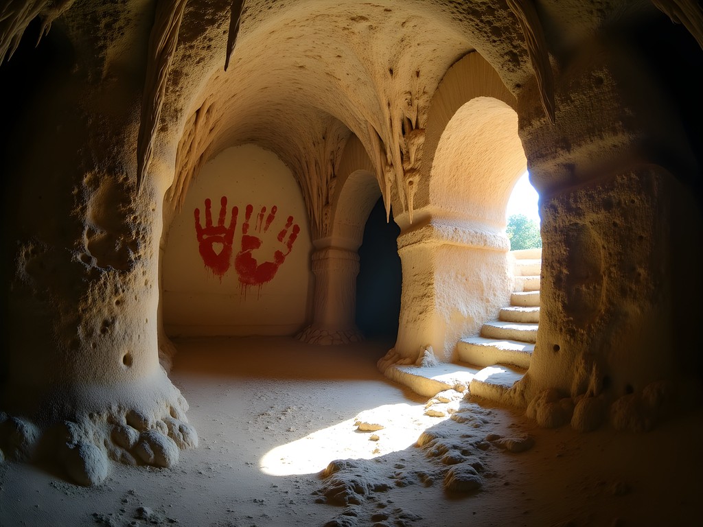 Ancient Maya handprints on cave walls inside Loltun Caves Yucatan