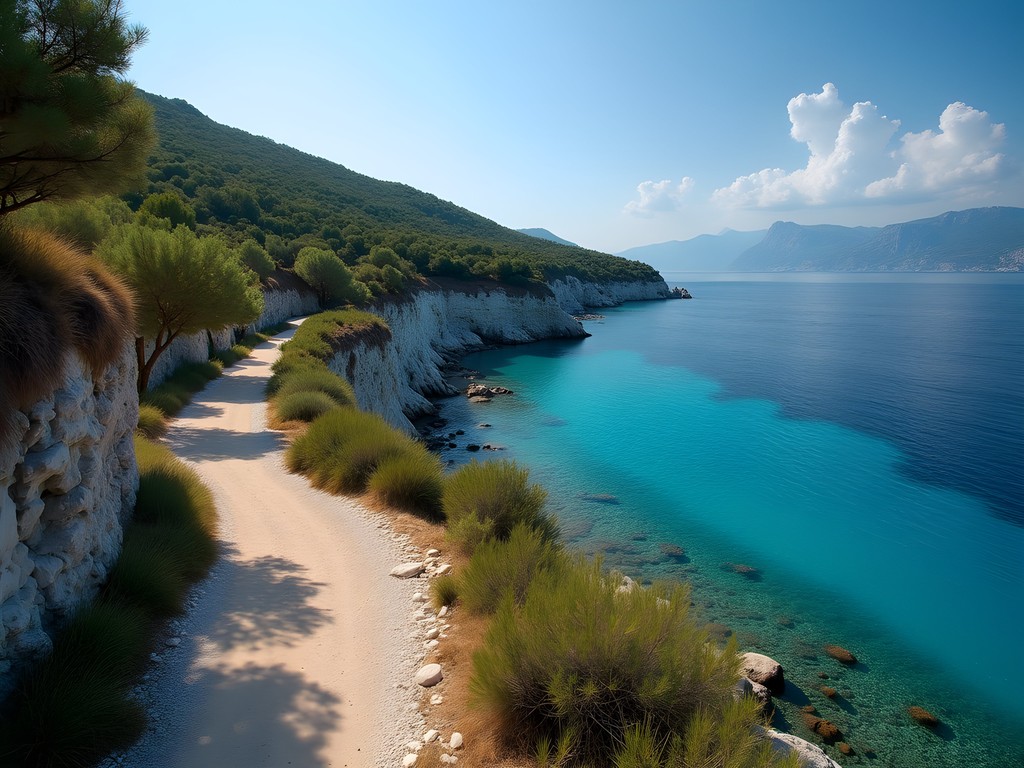 Coastal section of the Corfu Trail between limestone cliffs and turquoise Mediterranean waters