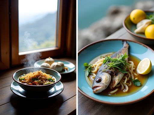 Comparison of traditional meals from Darjeeling teahouse and Corfu taverna showing regional ingredients