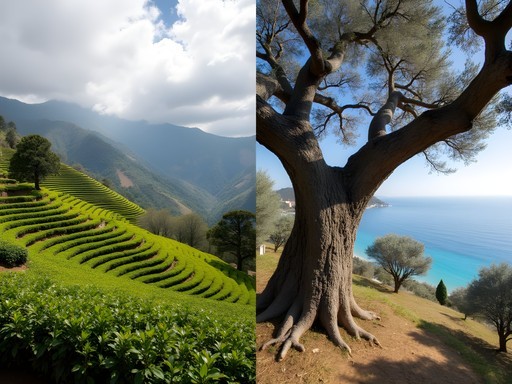 Split-screen comparison of Darjeeling tea garden terraces and Corfu olive groves showing ecological adaptation