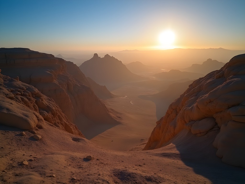 Father and daughter hikers watching sunrise over the dramatic Judean Desert landscape