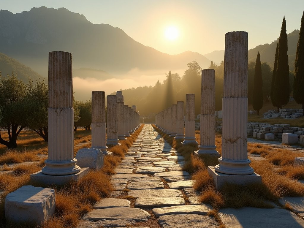 Morning mist rising over Mount Parnassus with Delphi ruins visible