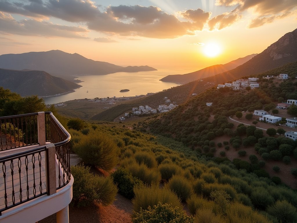 Sunset view from Delphi town accommodations overlooking olive groves and Gulf of Corinth