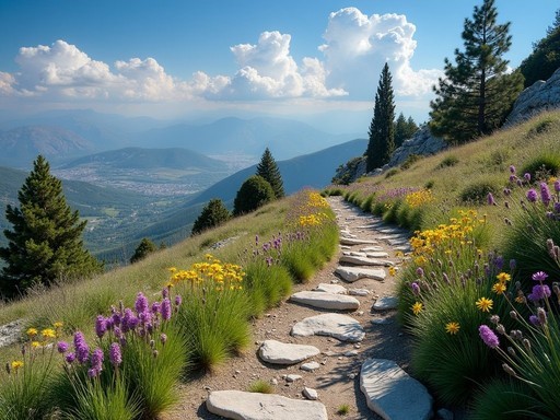 E4 hiking path on Mount Parnassus with spring wildflowers