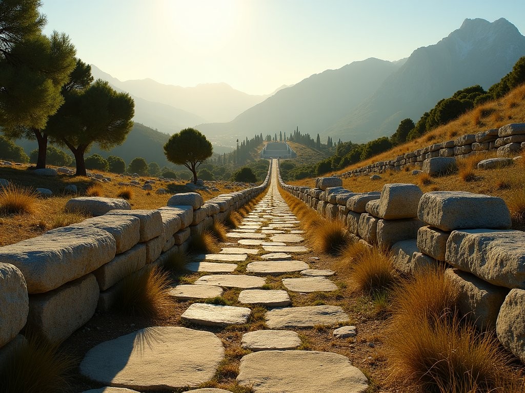 The Sacred Way path winding through Delphi ruins in morning light