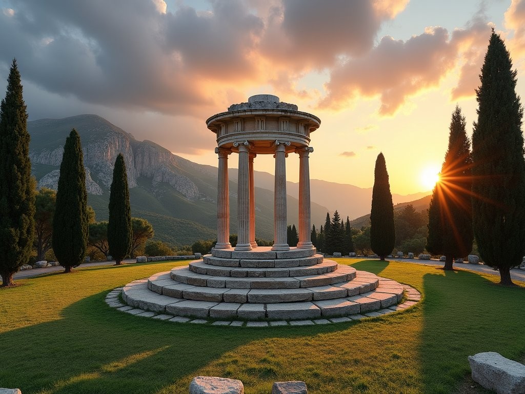 Sunrise at the Tholos of Athena Pronaia in Delphi