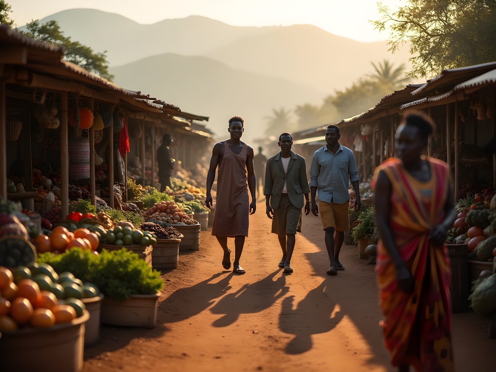 Early morning at Dolisie market with vendors setting up colorful stalls