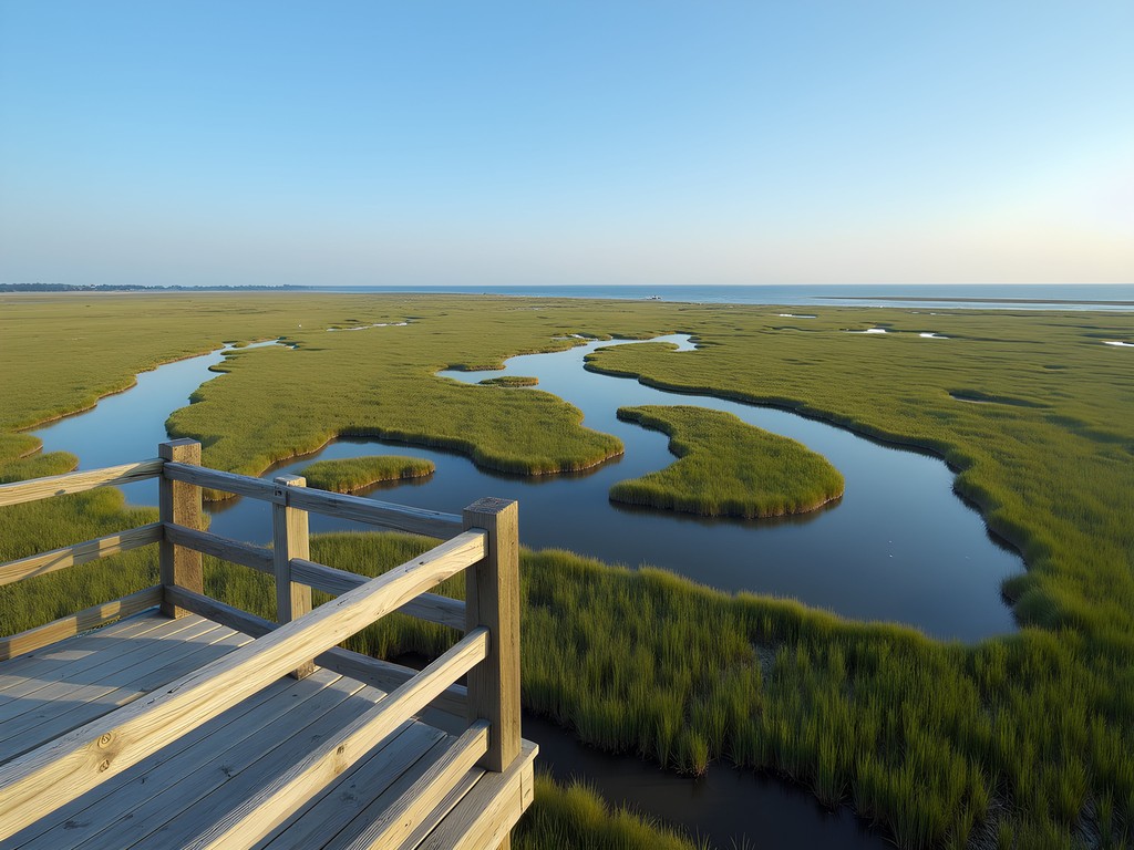 Panoramic view of salt marsh and tidal pools from Bombay Hook observation tower