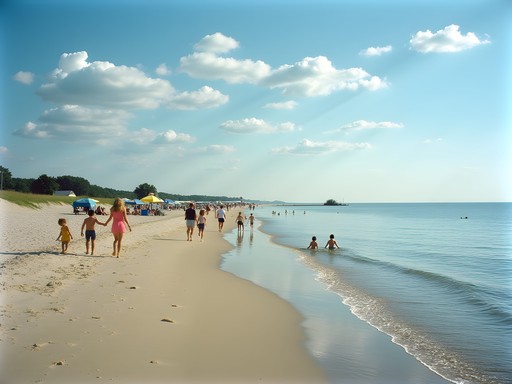 Families enjoying quiet summer day at Pickering Beach on Delaware Bay