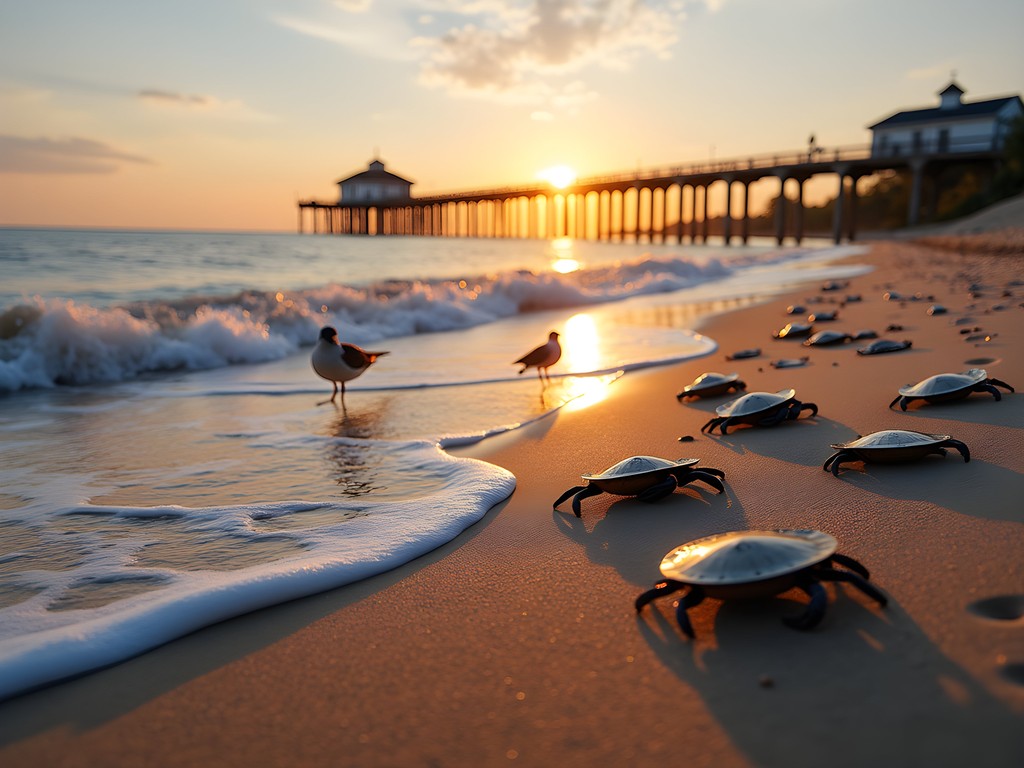 Horseshoe crabs spawning on Port Mahon beach with shorebirds feeding in background