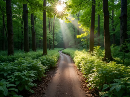 Shaded forest trail through Ted Harvey Conservation Area with dappled sunlight