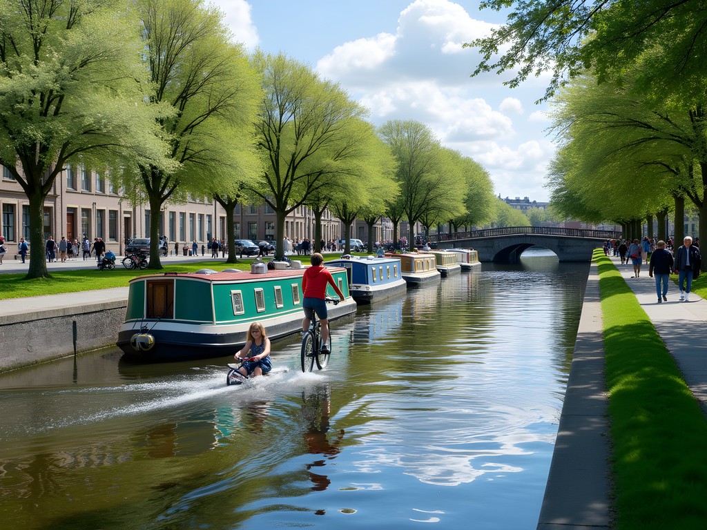 Family cycling along Grand Canal Way in Dublin with colorful barges and blooming trees