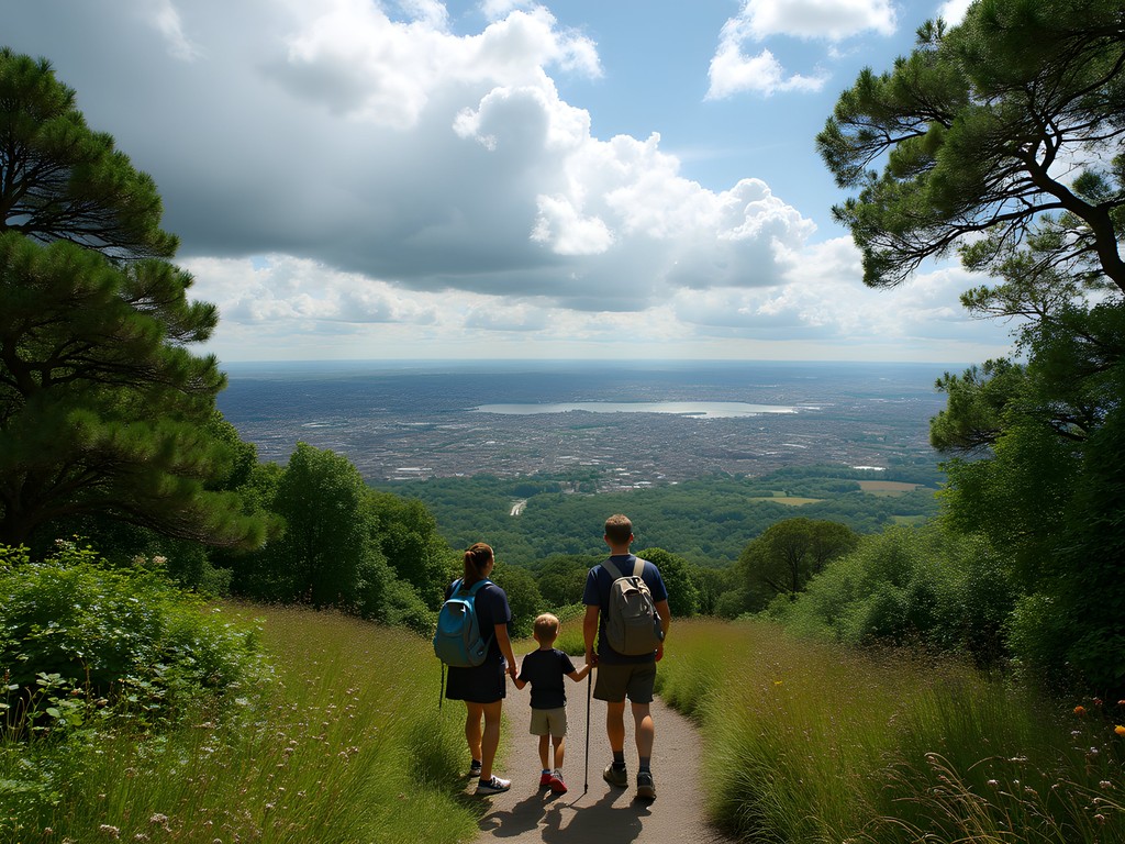 Family hiking in Ticknock Forest with panoramic view of Dublin from Three Rock Mountain