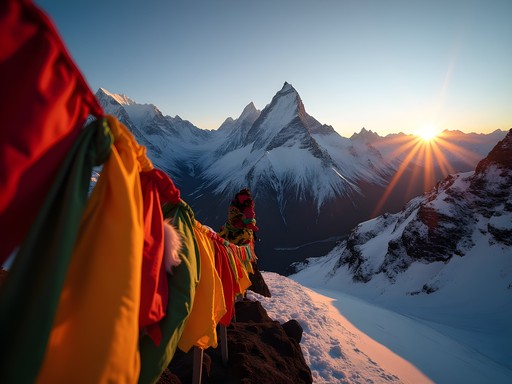 Prayer flags fluttering with Mount Everest sunrise view from Kala Patthar