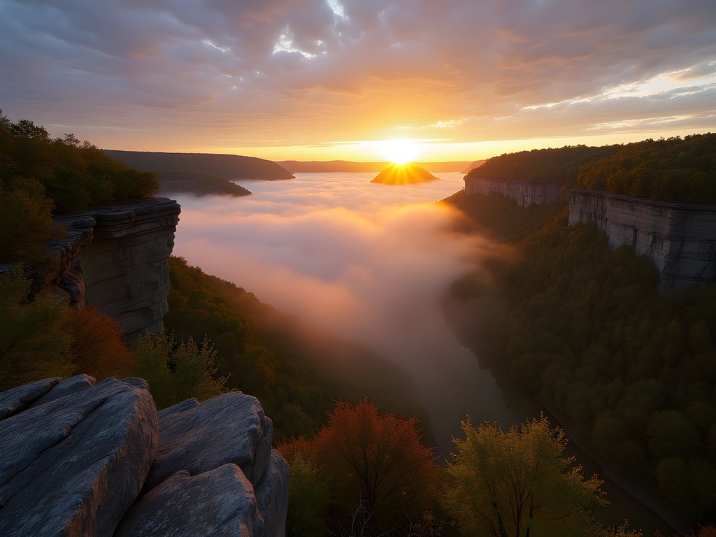 Golden sunrise light over Buffalo River Valley from Goat Trail overlook