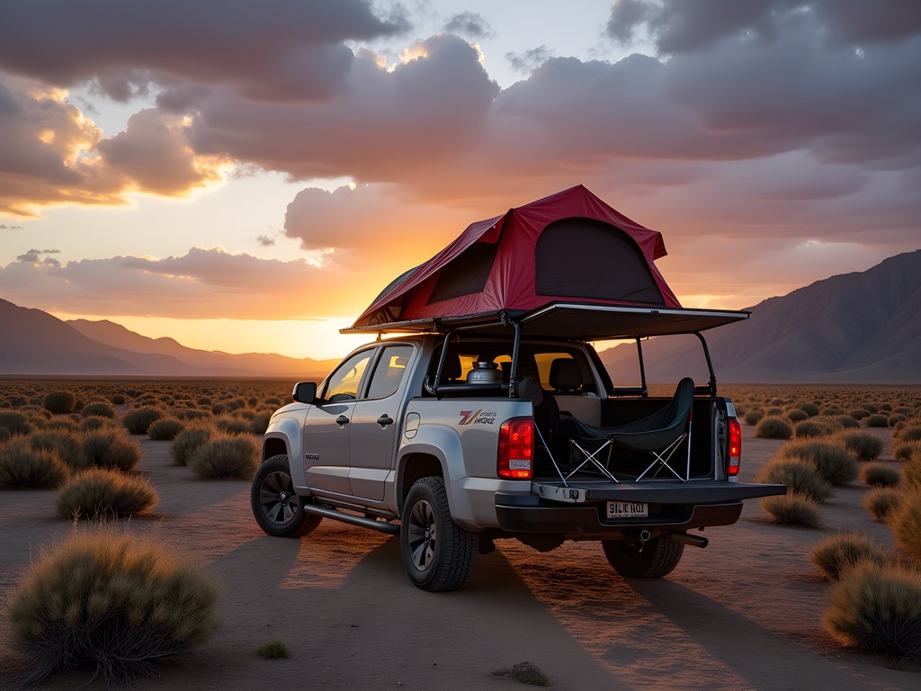 Pickup truck camping setup in Nevada desert with sunrise over mountains