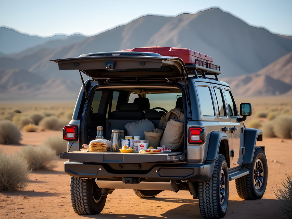 Off-road vehicle tailgate picnic setup with desert view in Fernley Nevada
