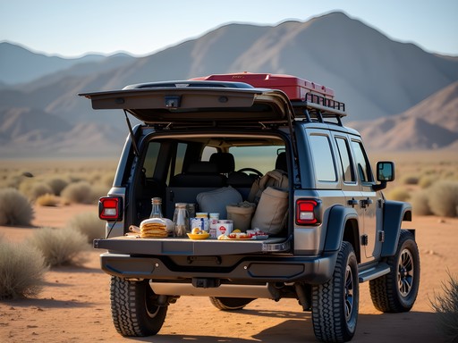 Off-road vehicle tailgate picnic setup with desert view in Fernley Nevada